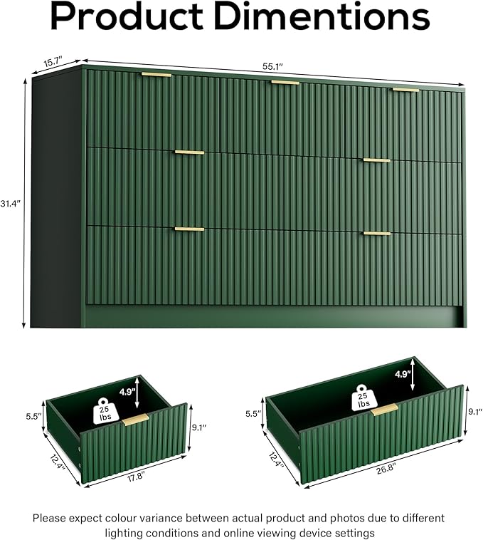 Green Dresser for Bedroom, Modern Dresser with 7 Drawers and Smooth Slides, Wide Chest of Drawers with Golden Handles for Bedroom, Living Room, Closet, 15.7" D x 55.1" W x 31.4" H