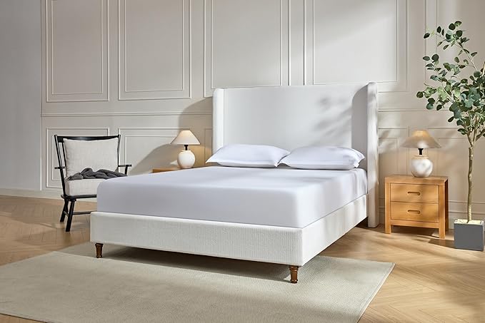 Upholstered Bed Frame with 54'' Nail Head Decorative Wing Back,Hand Buttoned Tufting Headboard Platform Bed Frame with Wooden Slats,No Box Spring Needed (Cream White, King)