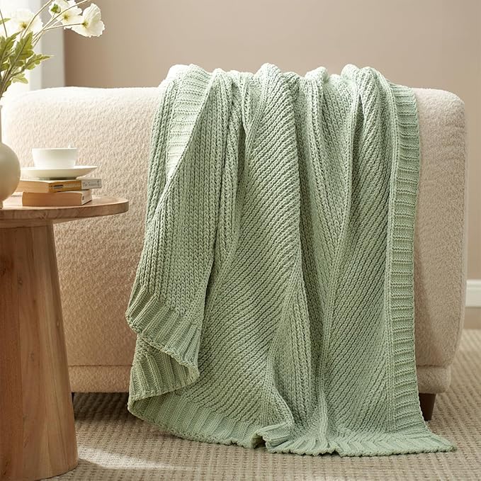 Amélie Home Chevron Chenille Knit Throw Blanket for Couch, Cozy Texture Decorative Soft Blanket for Sofa & Chair, 50"x60", Sage Green