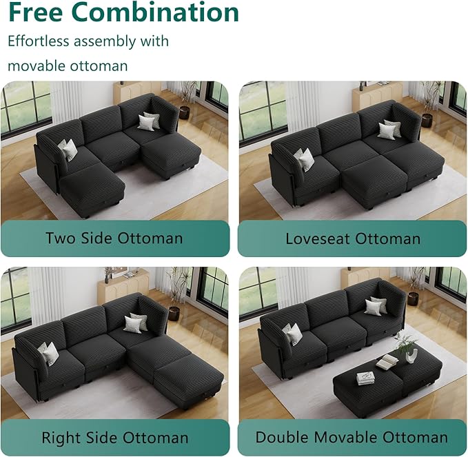 Modular Sectional Sofa with Adjustable Backrest,Large Convertible L/U-Shaped Sleeper Couch for Living Room,Cloud Sofa Bed Modern Reversible Design,Black