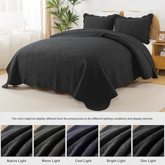 HoneiLife Queen Quilt Bedding Set - Microfiber Quilt Sets for Queen Bed, 3-Piece Lightweight Bedspreads,Reversible Coverlets Rustic Bedlinen Sets, Floral Bedding Set All Season Quilts-Black