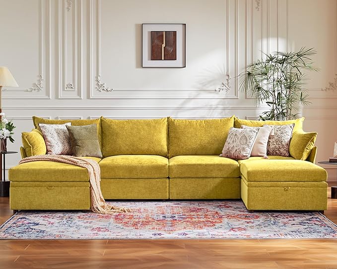 ABCASA 134.6" Luxury Modular Sectional Convertible Sofa with Storage Ottoman, L-Shape 5-Seat Oversized Comfy Couch Deep Seat with Reversible Chaise - Chenille Yellow