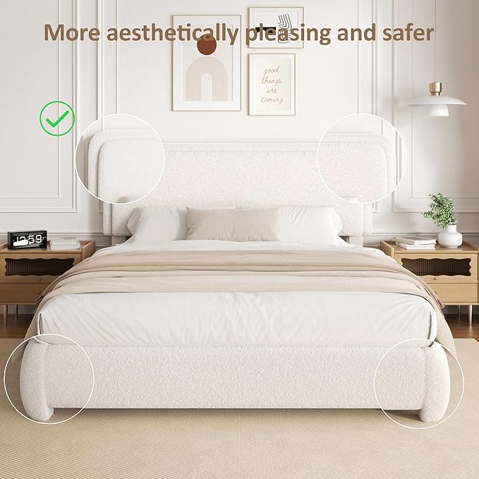 Full Size Boucle Bed Frame, Upholstered Cloud Platform Bed Frame with Headboard, Anti-Collision Soft Rounded Corners, No Box Spring Required, Easy Assembly, Noise Free, Adjustable Headboard