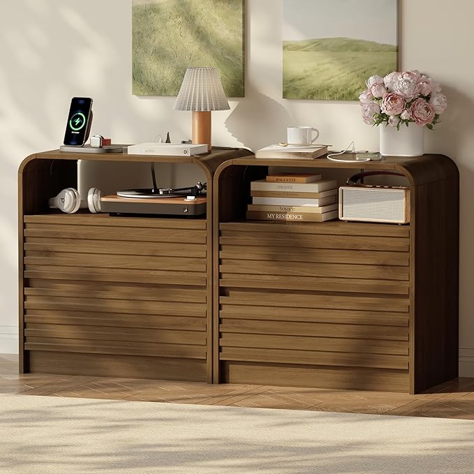 24" Wide Modern Fluted Nightstand with Charging Station Set of 2, Wood Bedside Table with Drawers, Mid Century End Table Nigthstand with Curved Profile Design for Bedroom, Living Room, Walnut