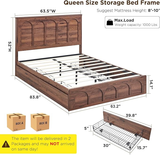 ACCOHOHO Queen Size Bed Frame Modern with 52" Tall Arched Recessed Headboard and 4 Drawers, Solid Wood Slats Support, Wood Platform, Noise Free, No Box Spring Needed, Brown