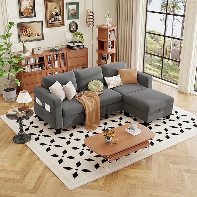ZeeFu Sectional and Sofa Couches for Living Room - 78'' 3 Seater L-Shaped Modular Couch with Storage Ottoman - Modern Velevt Fabric Upholstered Sofa Set for Small Space Apartment Office