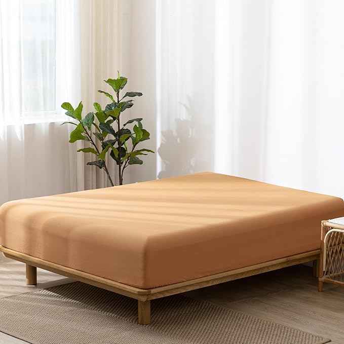 MooMee Fitted Bottom Sheet Only 100% Washed Cotton Linen Like Textured Breathable Durable Soft Comfy Deep Pocket Fits Mattress up to 17" (Burnt Orange, Queen)