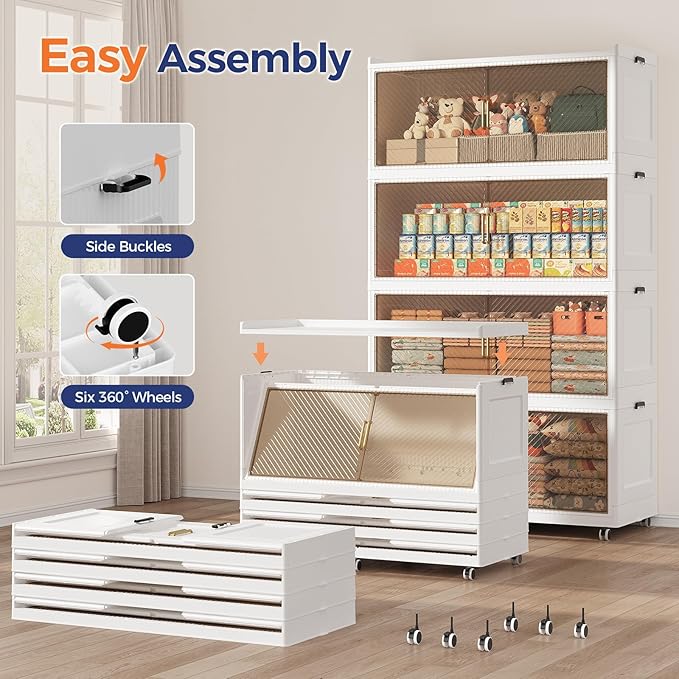 240GAL Extra Large Storage Bins with Lid, 960QT Collapsible Organizer with Wheels, Stackable Closet Cabinet with Doors, Folding Storage Containers for Home, Office, Kitchen, 3Pack White