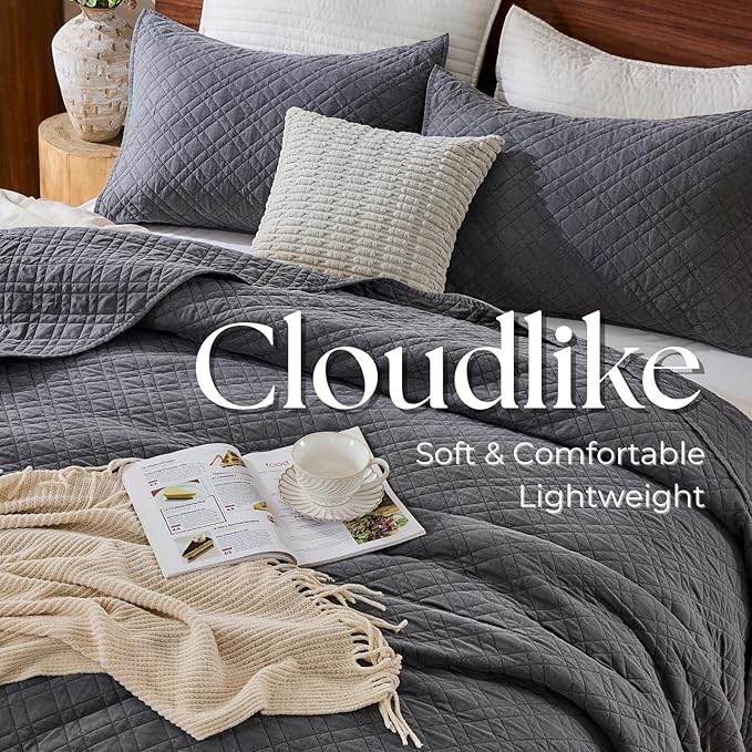 King Quilt Set with Shams Lightweight Quilted Bedspread Coverlet Thin Comforter Bed Cover Vintage Washed Quilted Blanket for All Season, Brushed Microfiber Diamond Stitching, Ash Gray, 104"x92"