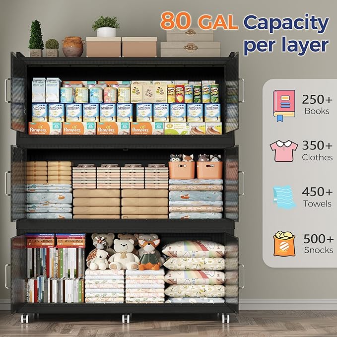 240GAL Extra Large Storage Bins with Lid, 960QT Collapsible Organizer with Wheels, Stackable Closet Cabinet with Doors, Folding Storage Containers for Home, Office, Kitchen, 3Pack Black
