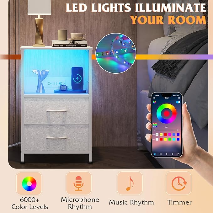 WLIVE White Night Stand with Charging Station, LED Nightstand with 2 Fabric Drawers and Storage Shelf, Dorm Bedside Table End Table with 2 USB Ports and Outlets, Small Dresser for Bedroom