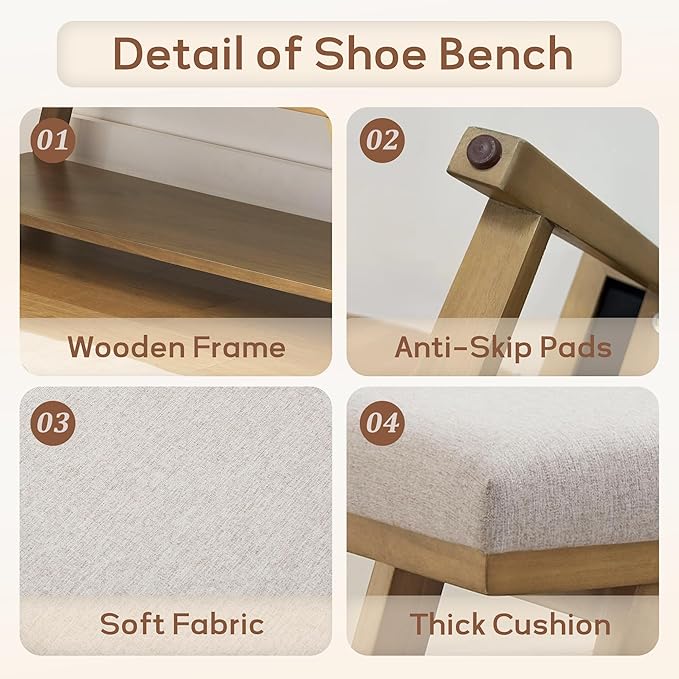 45" Entryway Bench Upholstered Storage Bench for Bedroom Shoe Rack Bench for Living Room, Hallway, Mudroom, Balcony, Sturdy Indoor Bench Seat Holds Up to 300 lbs (Light Grey)