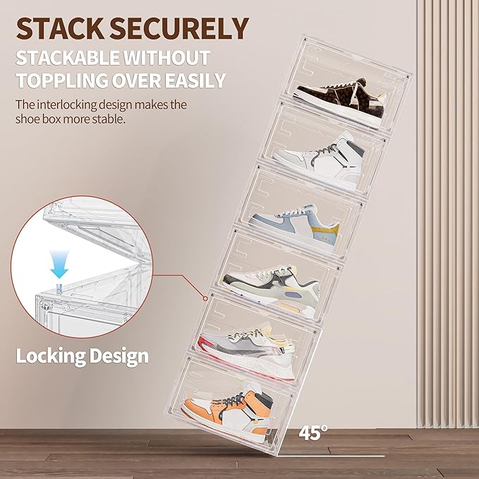 12 Pack XX Large Shoe Organizer, Heavy-Duty Hard Thicken Plastic Clear Stackable Shoe Storage Box Organizer for Closet, Space-Saving Shoe Rack Display Case Bin Containers for Sneakers, Clear