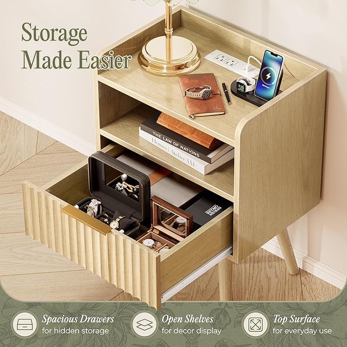 Huuger Nightstand with Charging Station, USB-C Port, Fluted Night Stand with Drawer, Bed Side Table with Solid Wood Feet, Open Storage, End Table with Raised Edge, for Bedroom, Natural