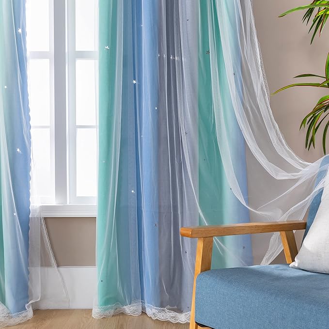 XiDi Curtains for Bedroom Decor, Rainbow BluGrenGrey-52-54