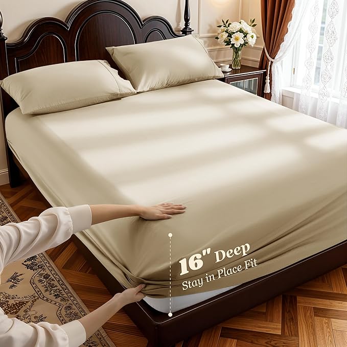 LBRO2M 1000 Thread Count 100% Egyptian Cotton Sheets Set King, 4 Piece Sets Bed Sheet Deep Pocket Sheet Set 16" Soft Comfortable All Season (King, Linen)