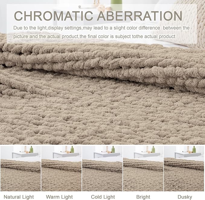 Chunky Knit Throw Blanket 50"X 60", 100% Handmade with Soft Chenille Yarn, 4.4lbs Thick Cable Knitted Blankets, Large Rope Knot Crochet Throws for Couch Sofa Bed Home Decor, Taupe