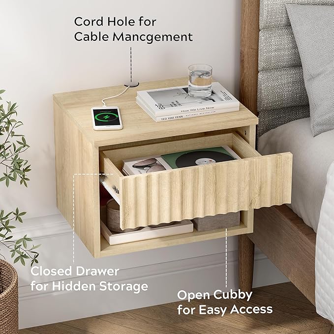 Floating Nightstand Set of 2 with Drawer, Fluted Modern Night Stand with Fluted Door and Open Storage Shelf Wall Mounted Bedside Table for Bedroom, Entryway Light Oak