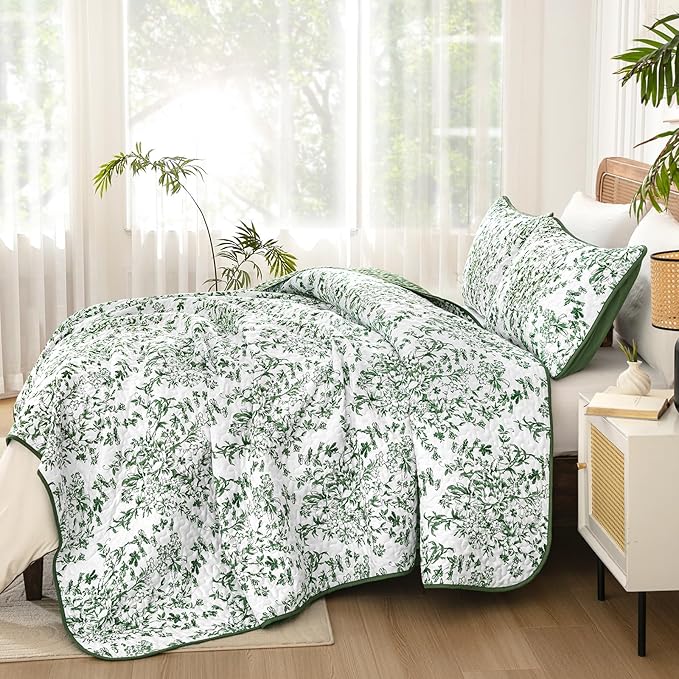 WONGS BEDDING Quilt King Size, Green Quilt Bedding Set with 2 Pillowcases, Botanical Quilt for King Bed, Soft Microfiber Lightweight Coverlet Bedspread for All Season (110"×90", 3 Pieces)