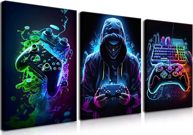 BGFCE Cool Gaming Canvas Wall Art Set of 3, Retro Video Game Watercolor Poster Pictures, Neon Gamepad Gamepad Painting Prints Game Room Bedroom Wall Decor 12x16 in Framed