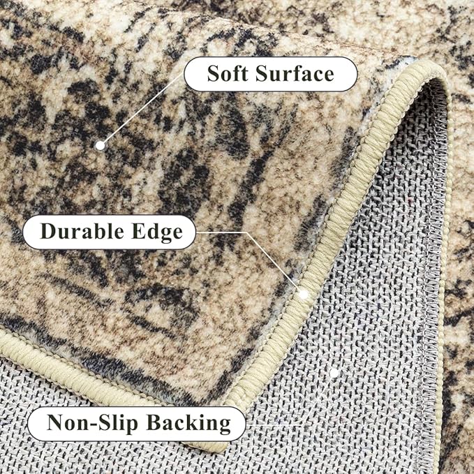 5x7 Area Rug Washable Vintage Neutral Living Room Carpet Large Indoor Non Slip Brown Bedroom Distressed Low Pile Retro Accent Throw Rug for Dining Room