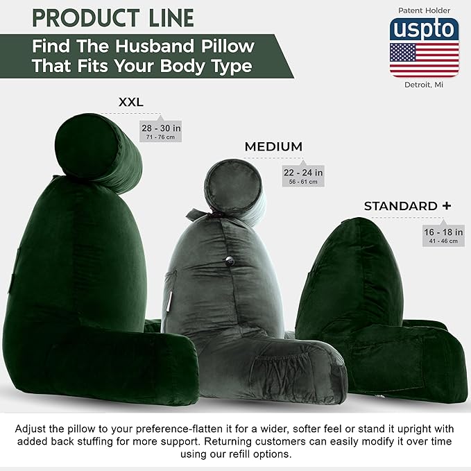 Husband Pillow Aspen Ramona Green, Reading Pillow Bed Rest Chair, Two-Sided Reversible Fabric, Large Lounge Cushion Adult Backrest with Arms, Comfy Back Support for Sit Sitting Up, Wash/Remove Cover