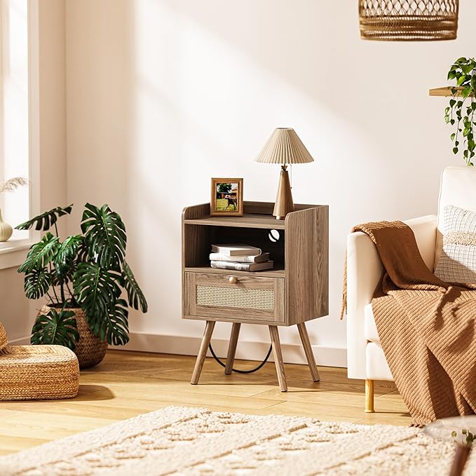 SUPERJARE Nightstand with Charging Station & Rattan-Like Decor Drawer, Rattan End Table with Solid Wood Feet, Bed Side Table with Open Storage, for Bedroom, Living Room, Dormitory, Walnut