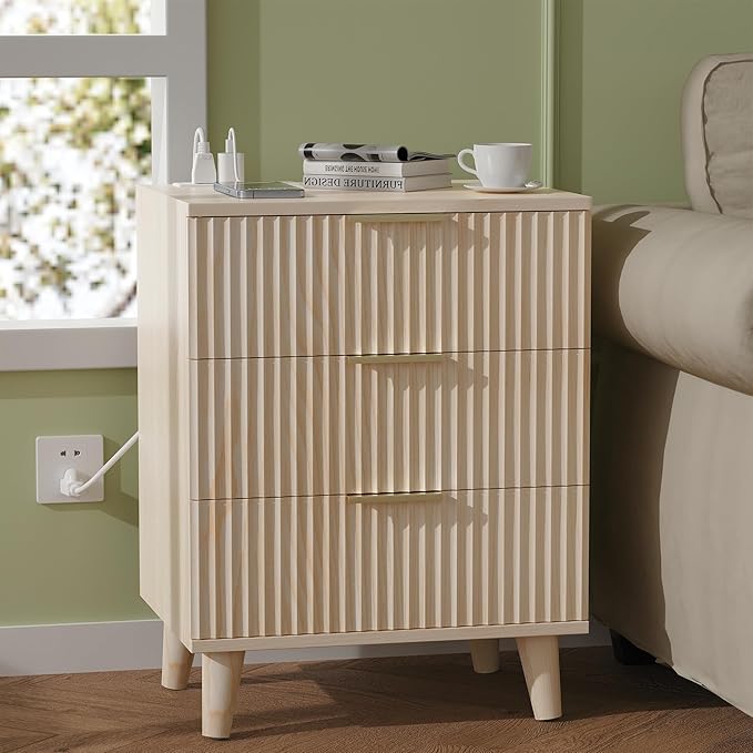 Fluted Night Stand Set of 2 with USB Charging Station, 3-Drawer Dresser Wood Modern Night Stand Bedside Table with Quiet Drawers & Large Storage End Table for Bedroom