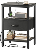 SUPERJARE Nightstand with Charging Station, Bed Side Table with Adjustable Fabric Drawer, Night Stand for Bedroom, 3-Tier Storage End Table, for Living Room, Black