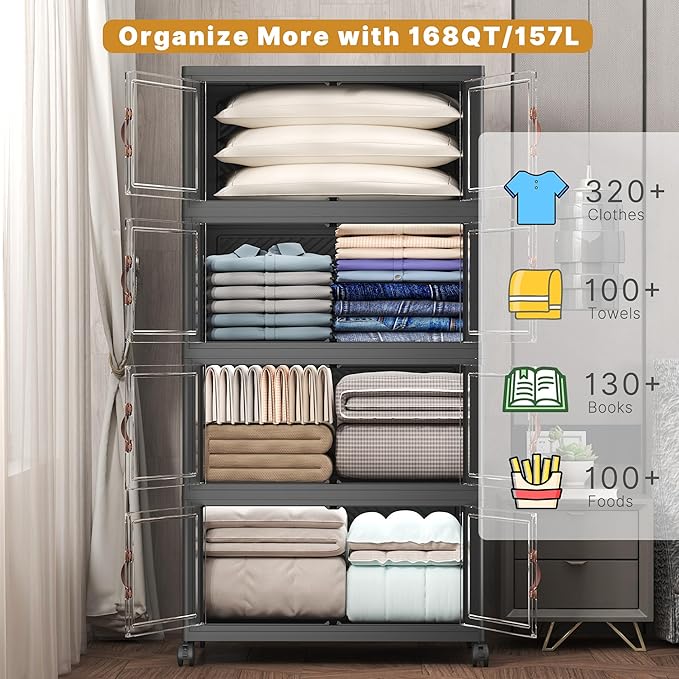 Extra Large Stackable Storage Bins with Lids & Wheels, Foldable Plastic Storage Bins (Dark, 672QT-168QT/42GAL*4Pack)