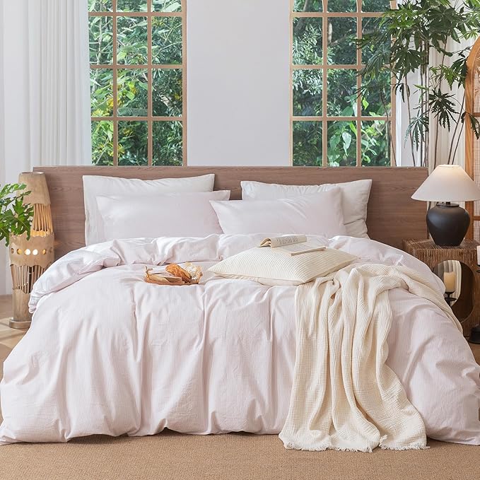 MooMee Striped Duvet Cover Set 100% Washed Cotton Linen Like Textured Breathable Durable Soft Comfy (Heathered Greyish Pink Pinstripes, Full 80"x90")