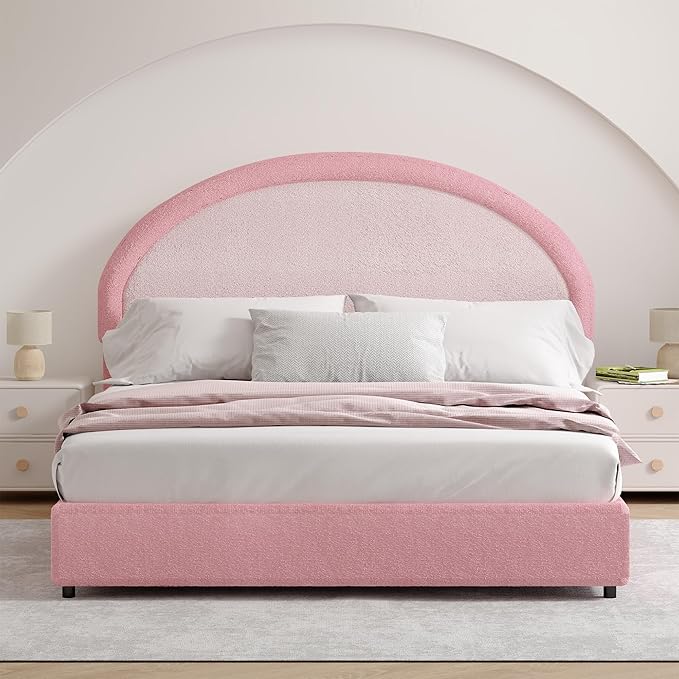 Queen Bed Frame, Boucle Upholstered Platform Bed Frame with Headboard, Pink Bed Frame, Soft Rounded Corners, No Box Spring Required, Easy Assembly