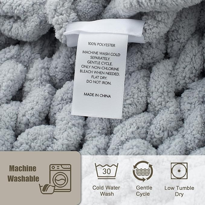 Chunky Knit Throw Blanket 50"X 60", 100% Handmade with Soft Chenille Yarn, 4.4lbs Thick Cable Knitted Blankets, Large Rope Knot Crochet Throws for Couch Sofa Bed Home Decor, Light Grey