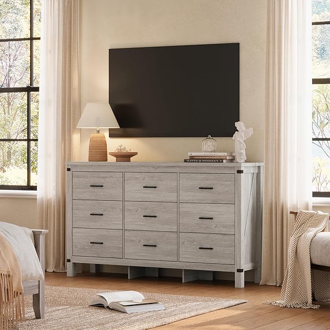 LINSY HOME Dresser for Bedroom with 9 Drawers, 59” Wide Chest with Deep Drawer, Modern Farmhouse Dresser TV Stand with Metal Handles, Wood Storage Cabinet for Closet, Living Room, Hallway, Wash Grey