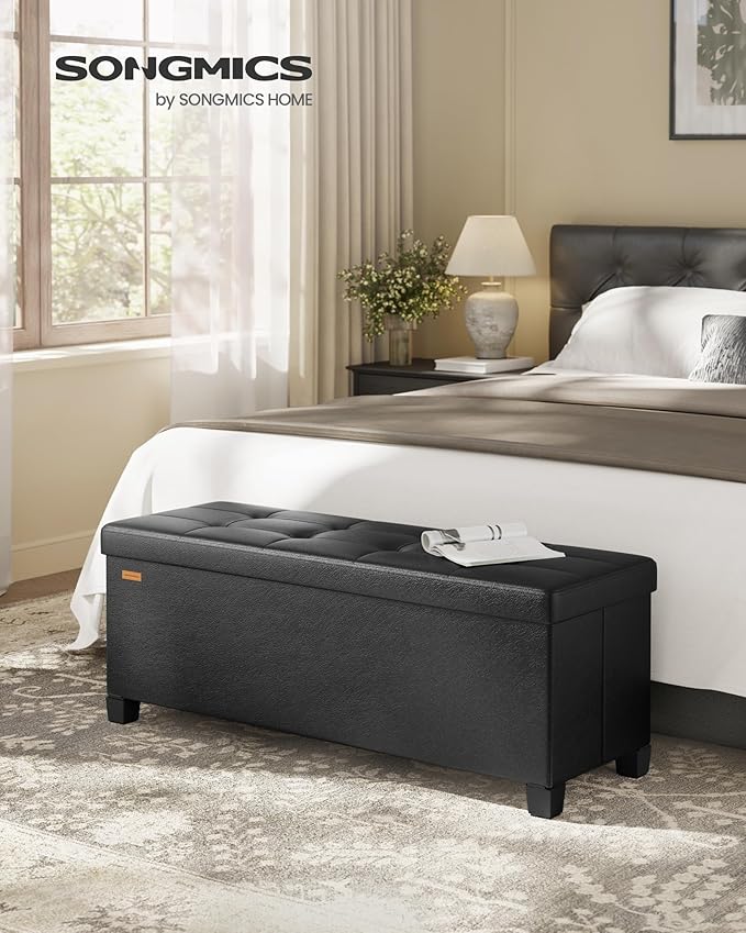 SONGMICS Storage Ottoman, Storage Bench with Legs, 15 x 43.3 x 15.7 Inches, Ottoman Bench, 30 Gal. (112 L), Synthetic Leather, for Living Room, Entryway, Ink Black ULSF0514B02
