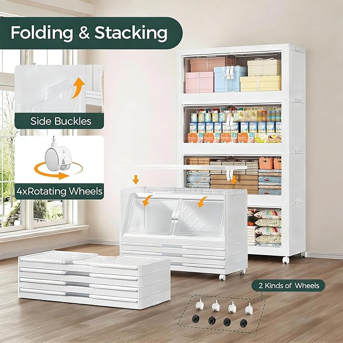 360QT Extra Large Stackable Storage Bins with Lid, 90Gal Collapsible Storage Box with Wheels and Doors, Plastic Closet Organizers and Storage Cabinet for Home Kitchen Office Dorm, 3Pack White