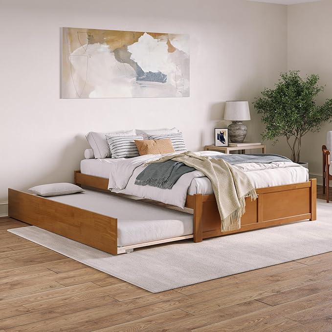 AFI Concord Queen Solid Wood Platform Bed with Footboard & Twin XL Trundle in Light Toffee