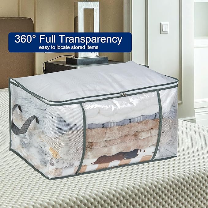 80L Clear Large Storage Bag, Clothes Storage Containers for Organizing Closet, Bedroom, Underbed, Comforters, Clothing, Blankets, Pillow, Foldable Organizer with Sturdy Handle and Zippers (6)