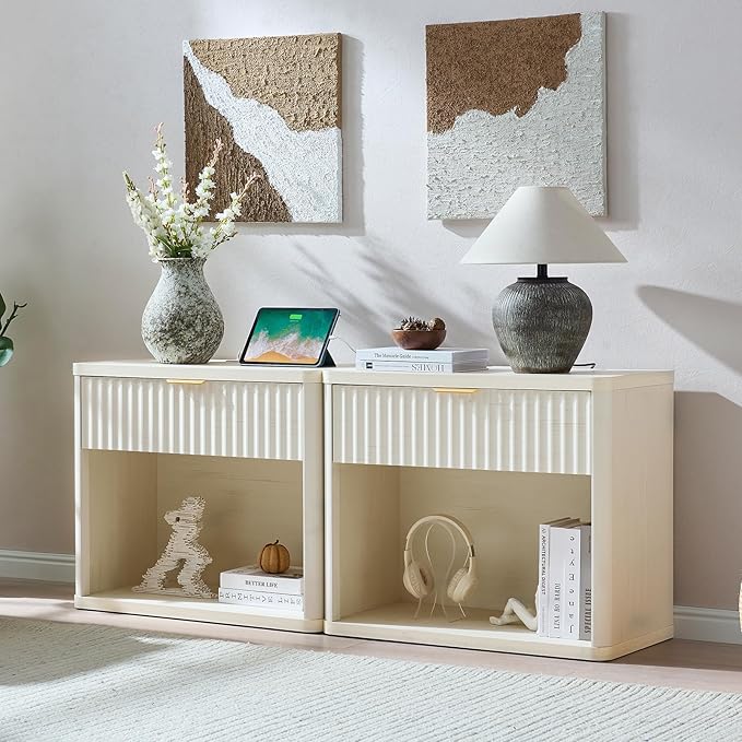 LEYAOYAO 31" Wide Fluted Nightstand with Charging Station, Oversized Extra Large 1 Drawer Night Stand with Golden Handle, White Wood Bedside Table Tall End Tables,for Bedroom, Living Room, Hallway
