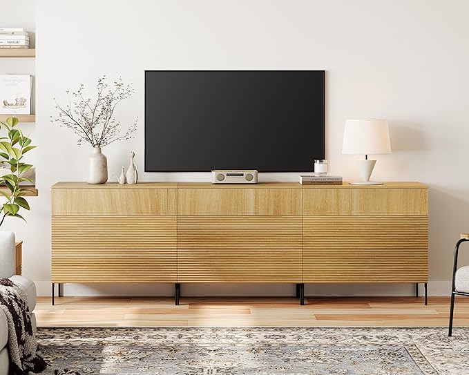 WAMPAT 94.5" W Fluted Dresser for Bedroom, Modern 9 Drawer Dresser TV Stand with Hidden Handles, Wooden Chest of Drawers Closet Clothes Storage Organizer for Bedroom, Living Room, Oak