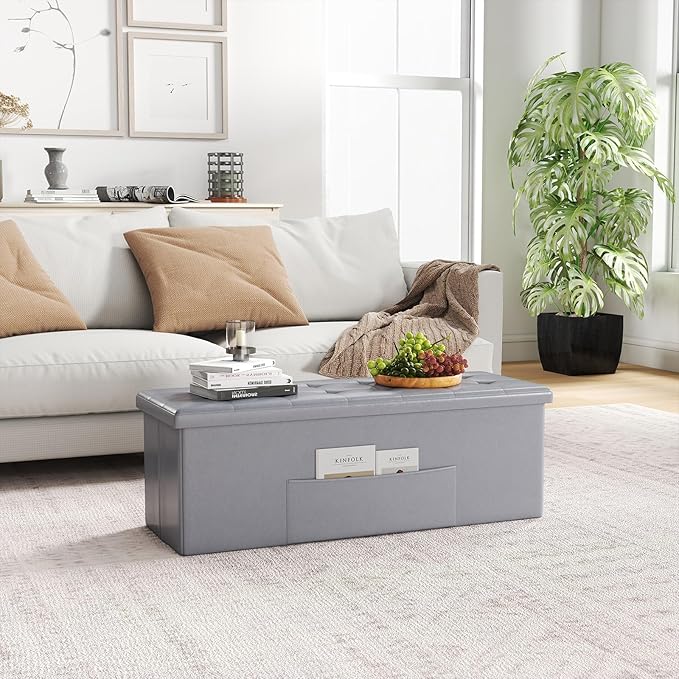 Giantex 43 Inches Folding Storage Ottoman Bench, Upholstered PU Leather Storage Chest with Side Pocket, Padded Seat, End of Bed Bench, Collapsible Ottoman Foot Rest for Living Room, Bedroom & Entryway