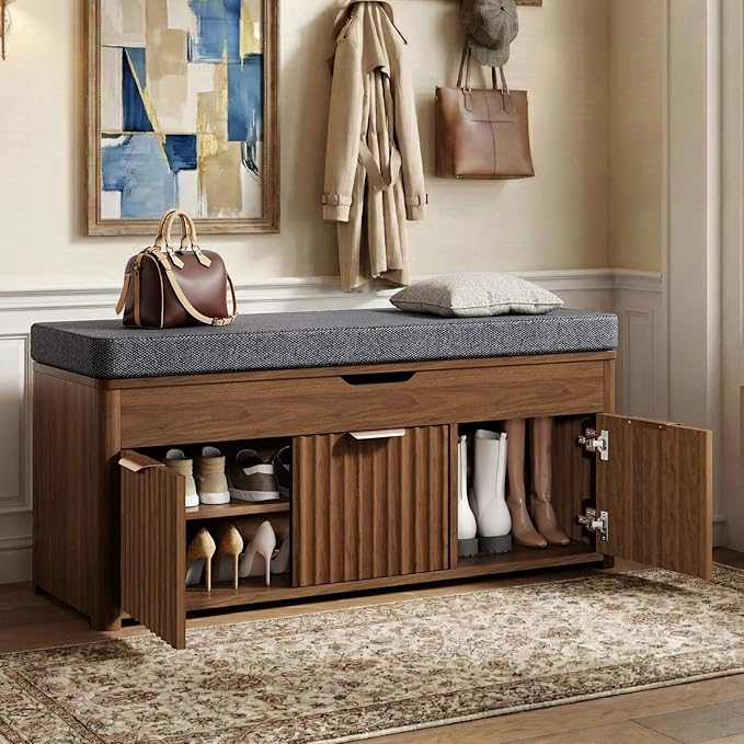 Shoe Bench with Storage - Lift Top Entryway Bench with Hidden Storage, Shoe Rack with Adjustable Shelves and Cushioned Seat, Wooden End of Bed Bench for Bedroom, Living Room and Hallway,Walnut