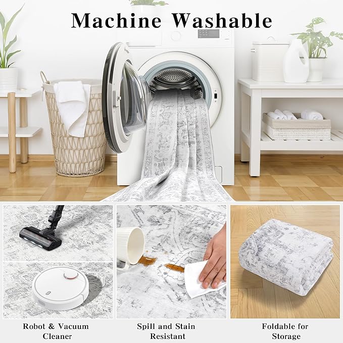 6x9 Vintage Washable Area Rugs Boho Medallion Large Distressed Retro Accent Carpet Floral Non-Slip Soft Low Pile Indoor Throw Rug for Living Room Bedroom Dining Room Office Kitchen, Gray