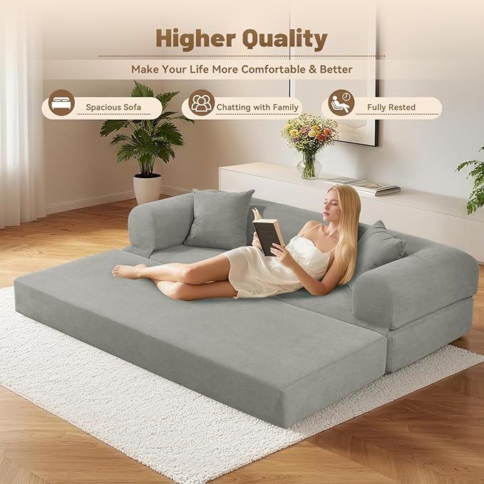 80" Convertible Sofa Bed,Corduroy Folding Sleeper Sofa Bed Queen with Pillows & Storage,Modular Pull Out Couches Boneless Couch for Living Room,Compressed Couch in a Box,Light Gray