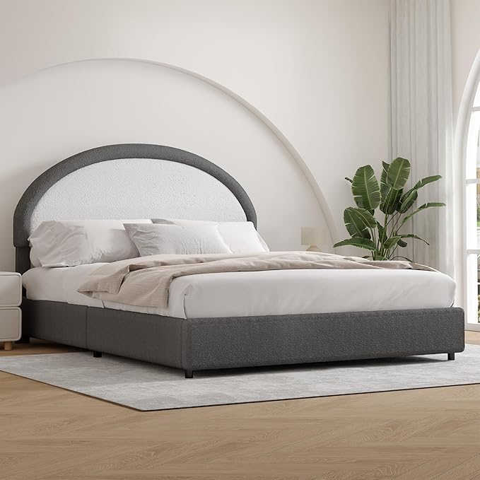Full Size Bed Frame, Boucle Upholstered Platform Bed Frame with Headboard, Grey Bed Frame, Soft Rounded Corners, No Box Spring Required, Easy Assembly