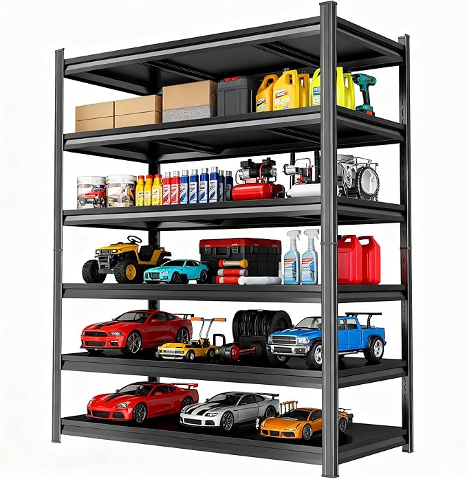 77'' Storage Shelves, Garage Metal Shelving Unit, Adjustable, Double-Layer Column with Reinforced Ribs, Heavy-Duty, Capable of Bearing 3600 lbs, Suitable for Garage, Warehouse, Kitchen Storage