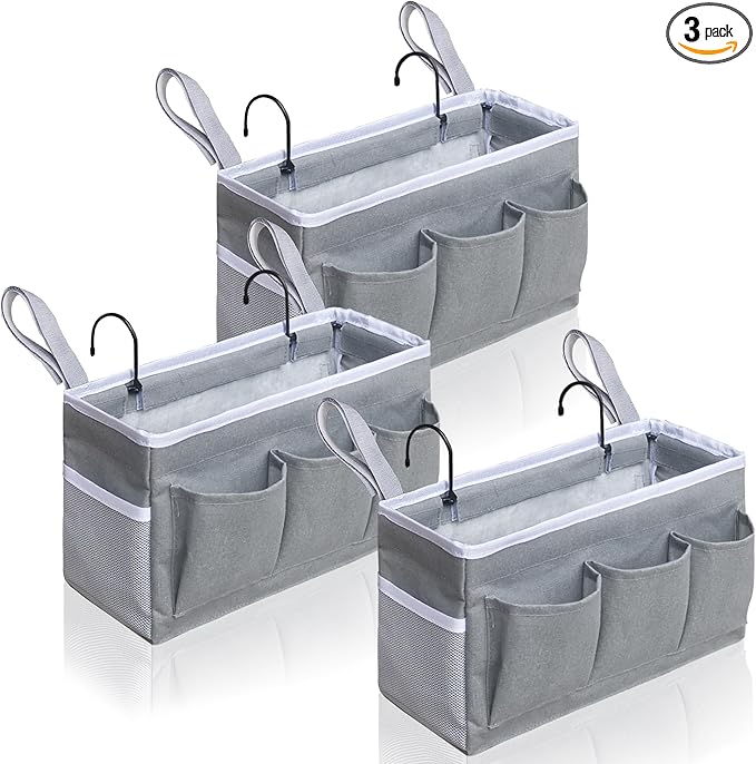 Kanrichu 3-Piece Bedside Caddy Storage Organizer with Pockets for Bedrooms, Loft Beds & Top Bunk Beds (Gray)