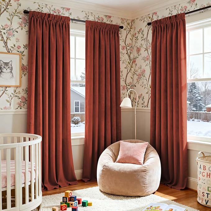 Lazzzy Velvet Blackout Curtains Thermal Insulated Room Window Drapes Super Soft Luxury Curtains for Living Room Bedroom Rod Pocket 2 Panels, Rust Red, 52" W x 102" L