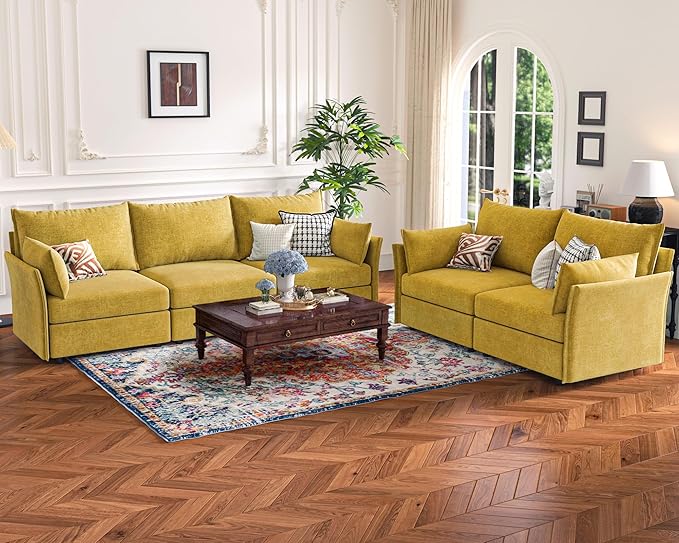 ABCASA 135.5" Oversized Modular Sectional Sofa, L Shaped Convertible Couch with Movable Ottoman, 5 Seat Corner Couches for Living Room Deep Seat Yellow Chenille