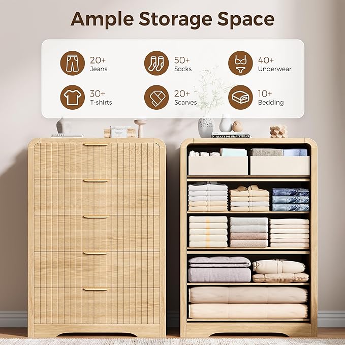 Fluted 5 Drawer Dresser, 43" Tall Dressers & Chests of Drawers Curved Profile Design, Wood Mid Century Vertical Dresser Natural Texture for Bedroom, Natural Oak Dresser